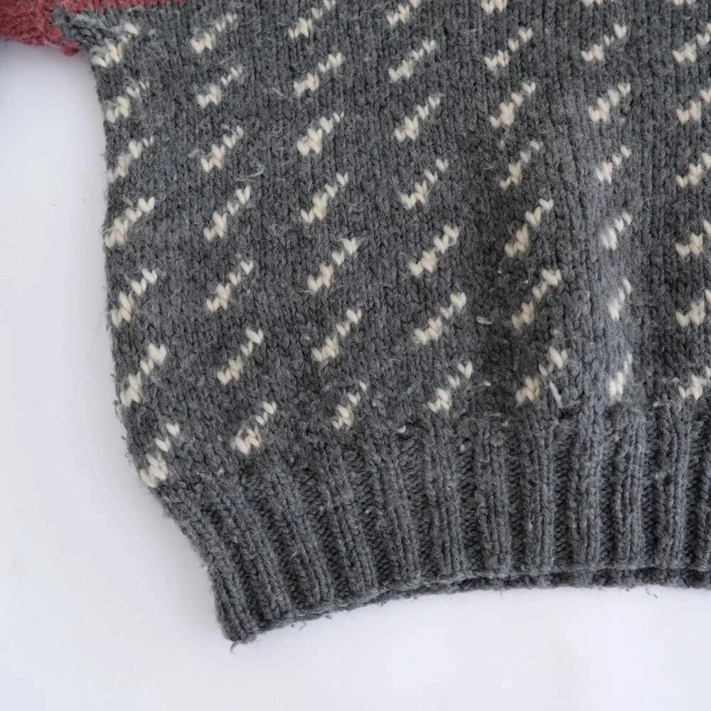 Handmade Unisex Cream And Gray Wool Crew Neck Sweater - Picture 6 of 9